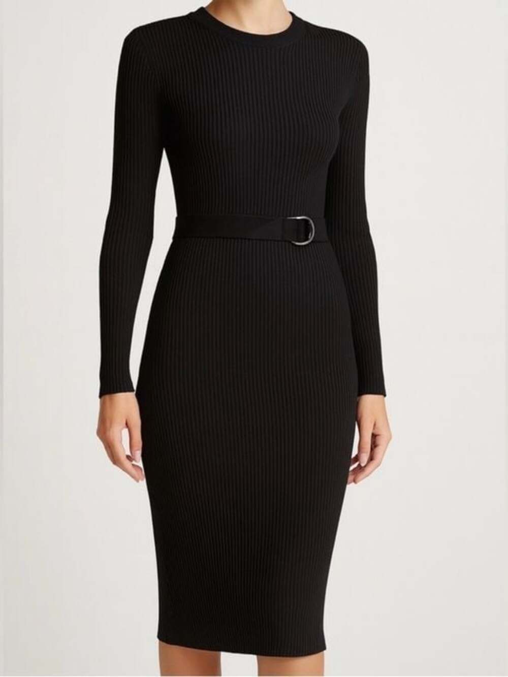 Michael Kors Black Ribbed Long-Sleeve Belted Midi Dress